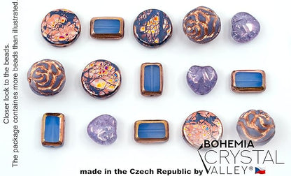 2.1oz (60g) of Glass Focal Bead Mix with Roses, Table-Cut and Cracked Czech Beads, PG Blue Copper Violet