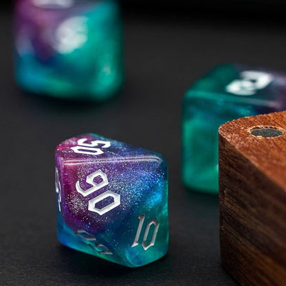 7-Die DND Dice Set Polyhedral Dice Set with a Leather Bag, D&D Dice Set for Dungeons and Dragons, RPG Table Games (Rose Blue w/Glitter)