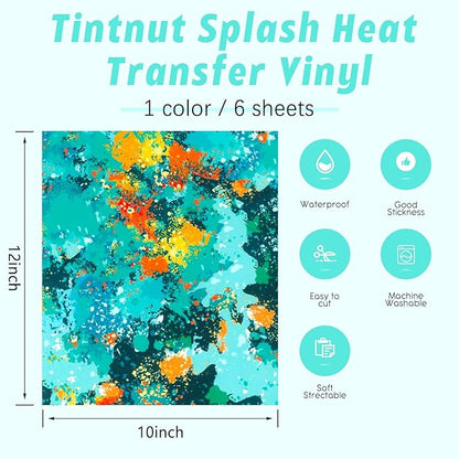 Tintnut Blue Splatter Heat Transfer Vinyl - 6 Sheets 10"x12" Watercolor HTV Patterned HTV Iron On Vinyl for T-Shirts Hats Clothes, Compatible with Cricut & Silhouette Cameo