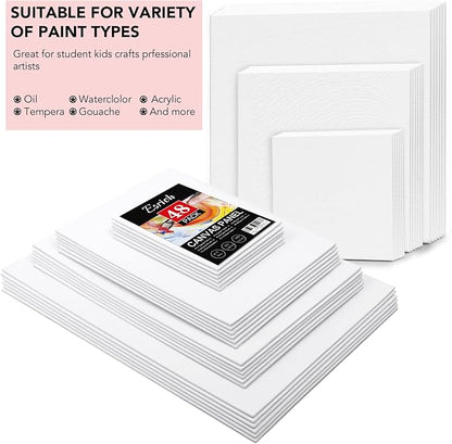 ESRICH 48 Pack Canvas Boards for Painting, 6Pcs of 4x4, 4x6, 5x6, 6x6, 8x10, 10x10, 9x12, 11x14 Canvas for Painting, Cotton Primed Blank Painting Canvas Panels for Oil, Acrylic, Watercolor