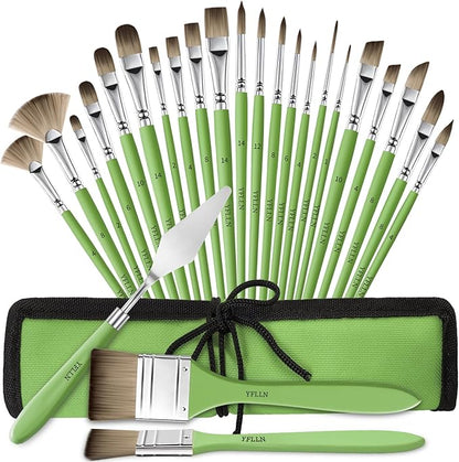 Paint Brushes Set of 25 Pieces Wooden Handles Brushes，Professional Artist Series with Filbert, Fan, Dagger, Cat Tongue, Round, Angle, Wide Flat Canvas Roll Bag & Palette Knife