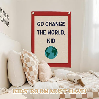 Classroom Decor,Motivational Wall Decor,Go Change the World Kid Linen Canvas Banner,Playroom Wall Decor Hanging Flag for Playroom Bedroom Nursery Graduation Gifts 18x25 Inch