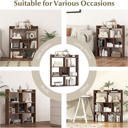 Giantex 7 Cube Bookshelf of 2, Free-Standing Wooden Bookcase, 4 Tier Home Display Shelf, Horizontal Storage Unit w/Anti-Toppling Devices, Open-Back Display Rack for Study, Living Room, Walnut