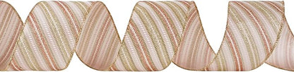 MEEDEE Pink Diagonal Striped Ribbon 2.5 Inch Blue Satin with Rose Gold and Champagne Glitter Wired Ribbon for Christmas Tree, Garlands, Wreaths, Topper Bow (10 Yards)