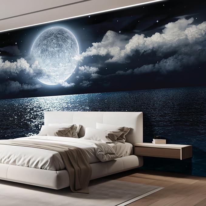 wall26 Wall Sticker/Wall Mural Sea Under Moonlight, Not Peel and Stick, Non-Woven Wallpaper Decorative for Bedroom, Living Room, Office - 100x144 inches