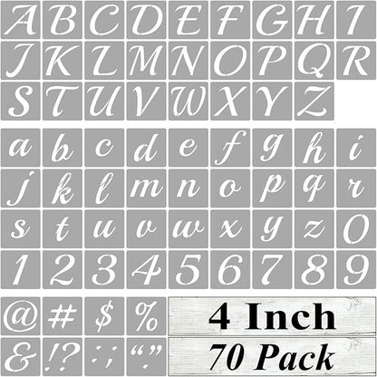 4 Inch Alphabet Letter Stencils for Painting - 70 Pack Letter and Number Stencil Templates with Signs for Painting on Wood, Reusable Cursive Letters Stencils for Chalkboard Wood Signs & Wall Art