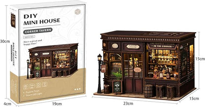 Book Nook Kit - DIY Miniature Dolls House Kit with Furniture and LED Light, 3D Puzzle Wooden Art Bookends, Model Kits for for Adults and Teens (Corner Tavern)