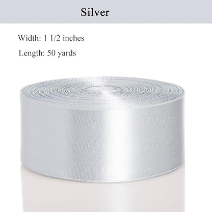 1 1/2 Inch Silver Solid Satin Ribbon, 50 Yards Craft Fabric Ribbon for Gift Wrapping Floral Bouquets Wedding Party Decoration