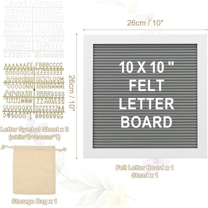 PATIKIL Felt Letter Board, 10x10Inches Gray White Wooden Changeable Message Board with Storage Bag Stand for Kitchen Menu Classroom Farmhouse Decor Notes, White Bronze Letter