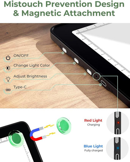 Cordless A3 Diamond Painting Art LED Light Board for Tracing and Drawing,Bawaslom Light Box with 3 Colors & 6-Level Brightness,Rechargeable Drawing Pad for Tracing,Diamond Art,Vinyl Weeding,Sketching