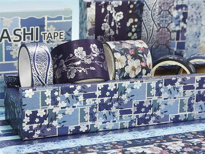 YUBX Elegance Blue Washi Tape Set 8 Rolls Wide Silver Embellishment Decorative Masking Tapes for Arts, DIY Crafts, Journals, Planners, Scrapbook, Wrapping