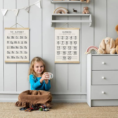 Alphabet and Numbers Wall Chart Set of 2 ,Kids Educational Posters,ABC and 1-20 Number Learning Banners for Toddlers, Preschool Classroom, Homeschool, Nursery, Playroom Decor 14 x 18.5 Inch (Black)