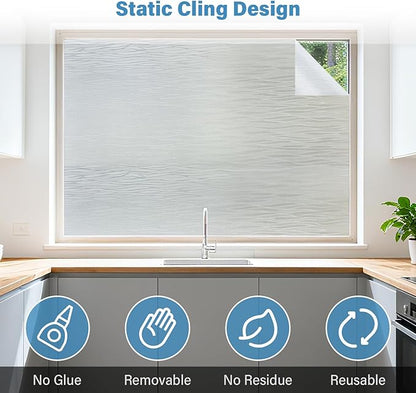 Finnez Frosted Privacy Window Film Static Cling, Non-Adhesive Decorative Cover for Glass Door & Windows, No Glue Removable Clings UV Blocking Waves Design for Home Office 45.2 x 78.7 Inches
