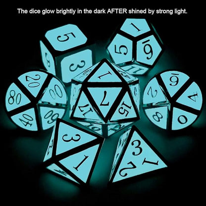 Haxtec Glow in The Dark Metal Dice Set D&D Glowing Blue Silver W/Dragon Dice Bag 7 Die D&D Dice Set Compatible with Dungeons and Dragons RPG
