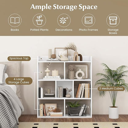 Giantex 7 Cube Bookshelf, Free-Standing Wooden Bookcase, 4 Tier Home Display Shelf, Horizontal Storage Unit w/Anti-Toppling Devices, Open-Back Display Rack for Study, Bedroom, Living Room, White