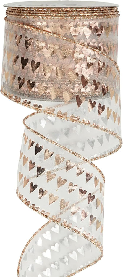 MEEDEE Heart Wired Ribbon - 2.5 Inch Rose Gold & Pink Sheer Organza Ribbon, 25 Yards Roll, Perfect for Valentine Bows & Decor
