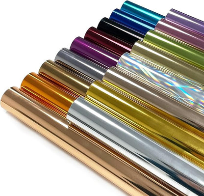 Sheet Metallic Foil Heat Transfer Vinyl Bundle – 12"x10"-17 Chrome HTV Pack in 17 Vibrant Colors for Stunning T-Shirt Designs! Perfect for DIY Enthusiasts and Professionals (Multicolours)