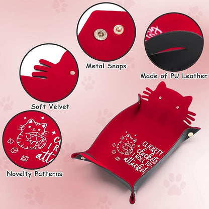 Red Cats Dice Tray Novelty Cat PU Leather Rolling Dice Tray Portable Dice Holder Cute Cat Desk Organizer Funny Gift for RPG, DND Game Players