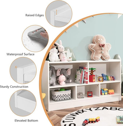 KOTEK Toy Storage Organizer, 5 Cubby Kids Bookshelf, Wooden 3-Tier Bookcase Storage Cabinet, Open Display Book Shelf for Daycare, Nursery, School Classroom, Living Room & Bedroom (White, 5 Cubes)