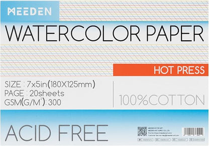 MEEDEN Watercolor Paper Block, 100% Cotton Watercolor Paper Pad of 20 Sheets, 140lb/300gsm, Acid-Free Art Paper for Watercolor, Gouache, Ink and More, 5" x 7" Hot Press
