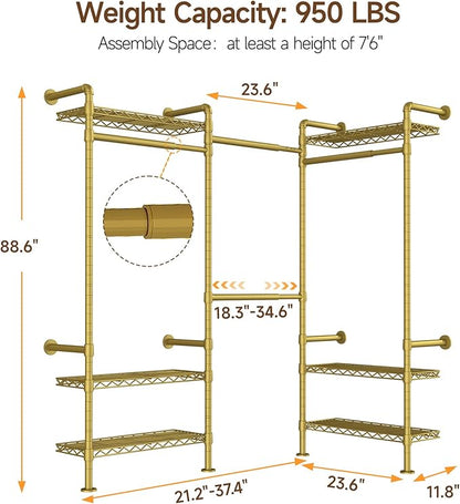 L3 Industrial Pipe Closet Organizer System, Wall Mounted Clothes Rack Clothing Racks with 4 Telescopic Rods & 6 Shelves , Heavy Duty Closet System in Wardrobe Closet (Gold)