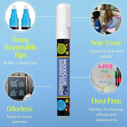 Liquid Chalk Markers Neon 12 Pack. Bold Wet & Dry Erase Marker Pens. Erasable and Washable Chalkboard Markers for Windows, Mirrors, Glass, Whiteboards. Reversible Thick and Fine Tip.