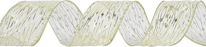 MEEDEE Gold Wired Ribbon - 2.5 Inch Sheer Organza With Horizontal Stripes and Polka Dots - 25 Yards for Gift Wrapping, Garland