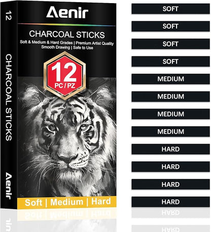 Compressed Charcoal Sticks Set of 12 – Soft, Medium, Hard Charcoal for Drawing, Sketching & Shading – Art Supplies for Artists, Beginners & Adults