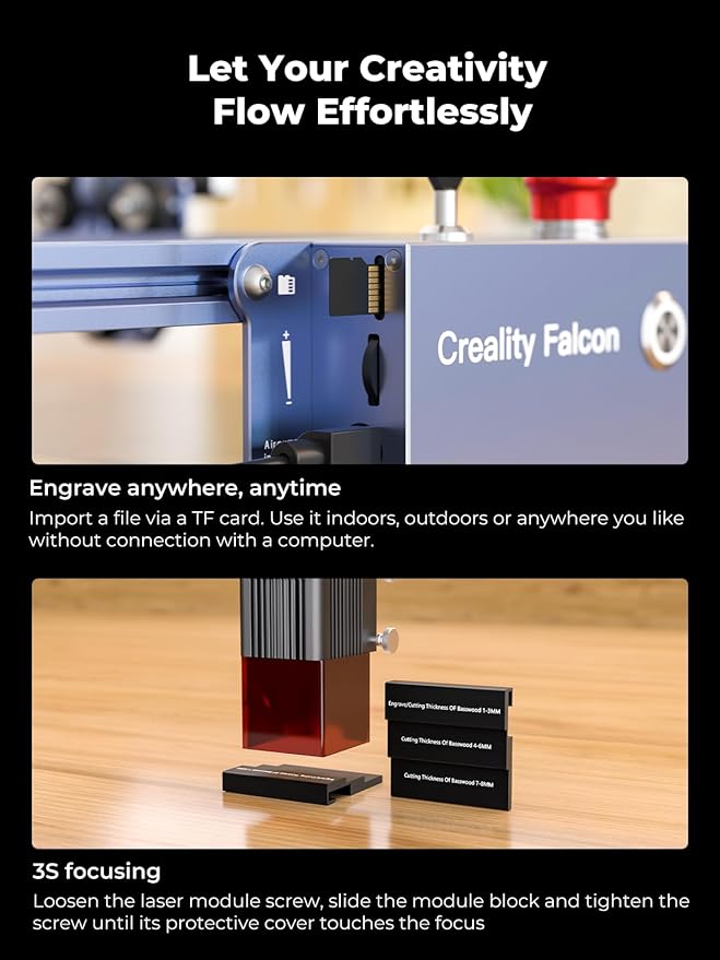 Creality 10W Laser Engraver, Falcon Pro with 3-in-1 Laser for Wood Engraving, 72W Efficient Laser Engraving Machine Fit, for Wood, Metal, Paper, Acrylic, Leather, Glass Tumbler Ring, 17" x 16"