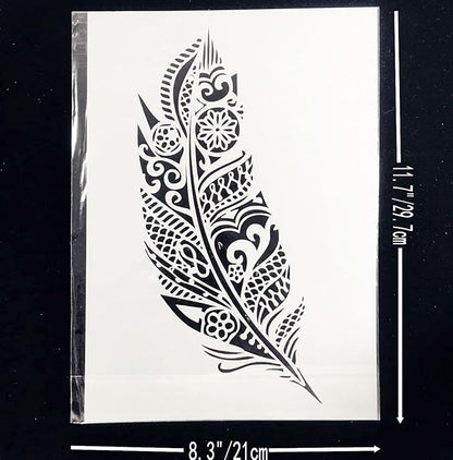 TIAMECH A4 Mandala Feather Stencil for Painting on Wood Reusable Big Feather Layering Stencil DIY Scrapbook Coloring Decorative Size 8.3 x 11.7inch Template