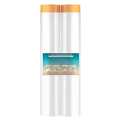 LLPT Tape and Drape 157.5”(Unfolded) x 66 Ft Each 2 Pack Pre-Taped Masking Film 0.27 Mil Painters Plastic Drop Cloth for Auto Wall Furniture Painting Protection (MFT4002)
