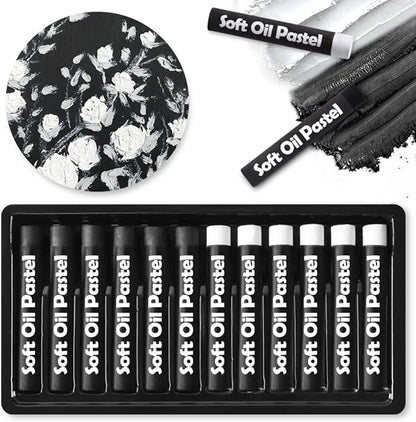 Mifuner Soft Oil Pastels Set (12 Sticks,2 Colors),Colors Heavy Oil Pastels Vibrant and Creamy,Pastel Art Supplies for Artists,Gallery Oil Painting Stick,Adult Art Drawing White and Black