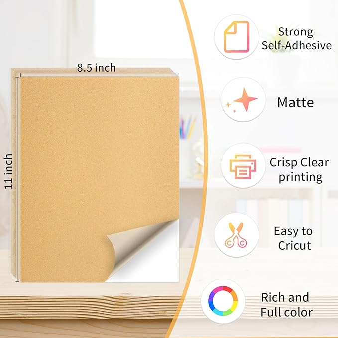 Kraft Printable Sticker Paper, 20 Sheets Brown Printable Sticker Paper, Laser/Inkjet Printing- Matte Ktaft, Letter Size (8.5" x 11")