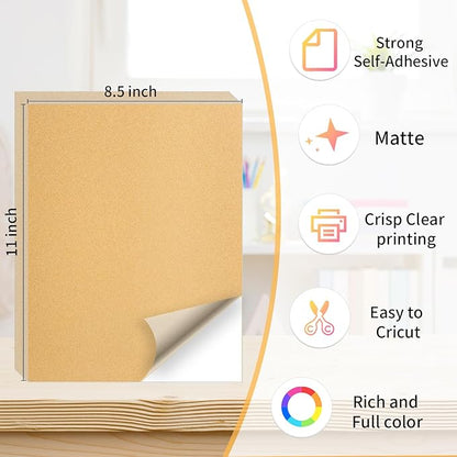 Kraft Printable Sticker Paper, 20 Sheets Brown Printable Sticker Paper, Laser/Inkjet Printing- Matte Ktaft, Letter Size (8.5" x 11")