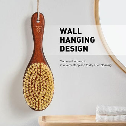 Short-Handle Dual-Sided Bath Massage Brush, Soft Boar & Firm Sisal Bristles, Portable (Red Oak)