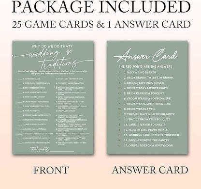 Bridal Shower Games Cards, Wedding Traditions Why Do We Do That, 25 Game Cards with 1 Answer Card, Engagement Party Wedding Games for Guests, Minimalist Green Wedding Party Supplies - C08