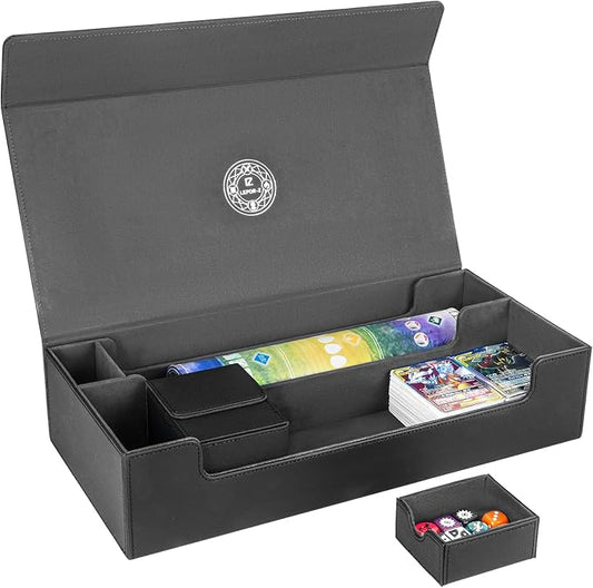 Card Deck Box,X-Large Premium Trading Card Storage Case with Mat and Dice Compartment,Magnetic Game Deck Display Case Compatible with MTG/TCG/Yugioh/Magic/Commander(Black＆Grey)