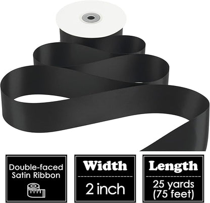 HUIHUANG Black Ribbon 2 inch Double Face Satin Ribbon Black Fabric Ribbon for Crafts, Gift Wrapping, Gift Basket Decor, Flower Bouquet Wrap, Wedding Bridal Shower Decor, Hair Bows -25 Yards/Roll