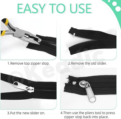 Keadic 144Pcs Zipper Repair Kit With 3/5/8 Sizes, Extension Pull, Top/Bottom Stops, Replacement Zippers, Pliers for Metal, Plastic, Nylon Coil Repair