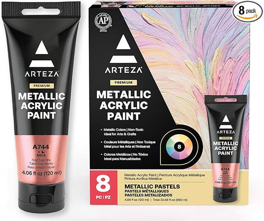 ARTEZA Pastel Acrylic Paint, Set of 8, Metallic Tones, 4.06 fl oz Tubes, High Viscosity Water-Based Paint, Glossy Finish, Art Supplies for Painting Paper, Canvas, Wood and Fabric, and DIY Projects
