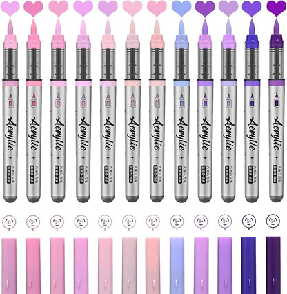 Purple Pink Acrylic Paint Pens,12 Color Paint Pens Markers,Brush Tip Paint Pens for Rock Painting Wood Glass Ceramic Canvas Stone DIY Crafts Making Art Supplies