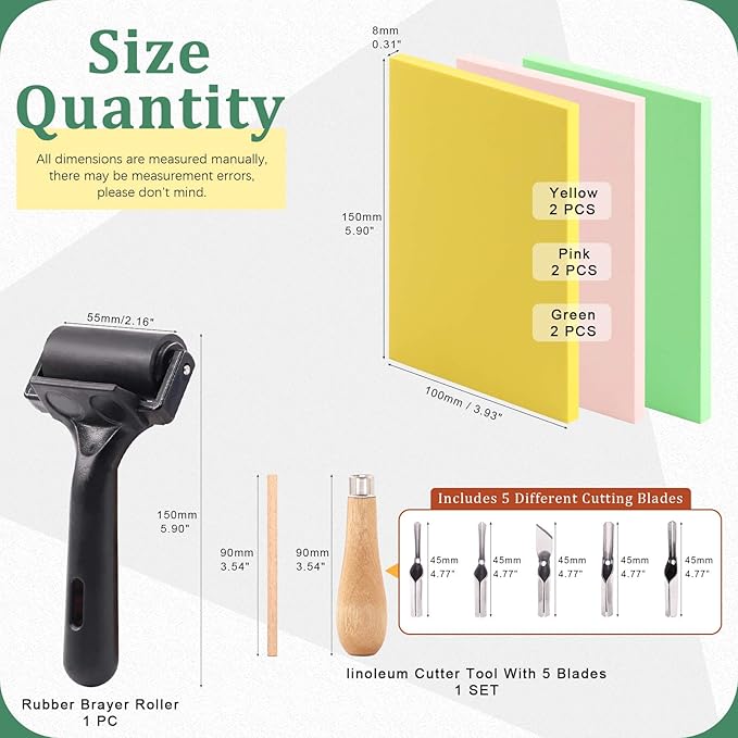 Keadic 12Pcs Soft Rubber Carving Blocks Kit, Comes with Linoleum Cutter Tools & 2 Inches Rubber Roller Brayer Rollers Glue Roller for Ink Paint Block Stamping, Printmaking Wallpaper and Arts & Crafts