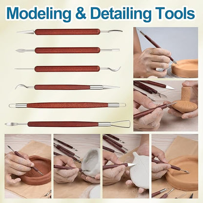 Amrules Clay Tools Kit, 6 PCS Red Wooden Clay Sculpting Tools, Double Head Practical Polymer Tool Set Suitable for Adults, Pottery Craft, Carving, Modeling and Shaping