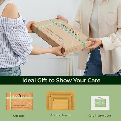Wood Cutting Board for Kitchen - Reversible Bamboo Cutting Boards Gift Set of 3 with Juice Groove, Wooden Chopping Board for Meat, Fruit, Vegetables & Cheese (Pre Oiled, Natural)