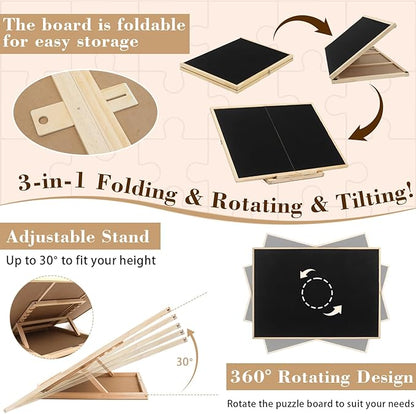 Ancaixin Foldable Puzzle Board 1500 Pieces, Rotating & Tilting Jigsaw Puzzle Board with 4 Non-Woven Drawers, 26x35.8'' Wooden Puzzle Table, Portable Board GameTable for Adults, Birthday Gift for Mom