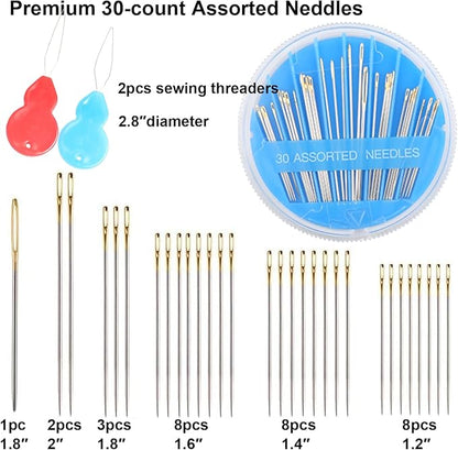 Eketirry Premium Hand Sewing Needles，4 Pack 30-Count Assorted Needles for Sewing Repair, 6 Different Sizes Sewing Needles with 2 Threaders (Blue, 4)