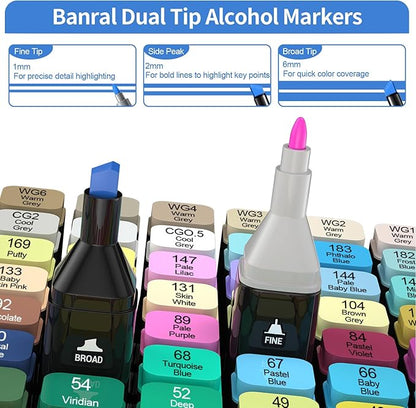 Banral 120 Colors Alcohol Markers, Premium Dual Tip Alcohol Based Art Markers Set for Adult Kids Coloring Drawing Sketching Permanent Brush Markers, Sketch Artists Markers Pens with Carry Case