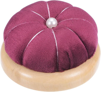 HARFINGTON Wooden Base Pin Cushion Japanese Style Cute Needle Holder Pincushions Round for Sewing Quilting Needlework DIY Crafts, Dark Red