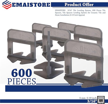 Tile Leveling System (3/16 Inch) – 600 Tile Spacers – Compatible with Most Wedges for Smooth, Seamless Floor & Wall Tile Installation – 5mm Ceramic & Stone Spacers