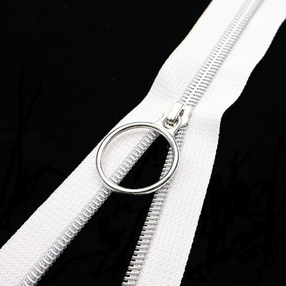 Leekayer #5 Silver Metallic Nylon Coil Zippers by The Yard Bulk 10 Yards White Zipper Tape with 25pcs Silver Ring Pull Sliders for DIY Sewing Tailor Craft Bag(White)